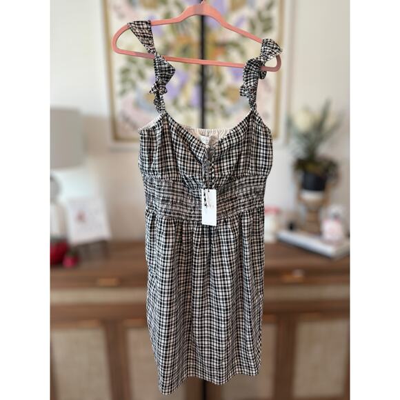 NWT Wayf Smocked Waist Gingham Checkered Ruffle Mini Dress Black Womens Size XL - Picture 5 of 9